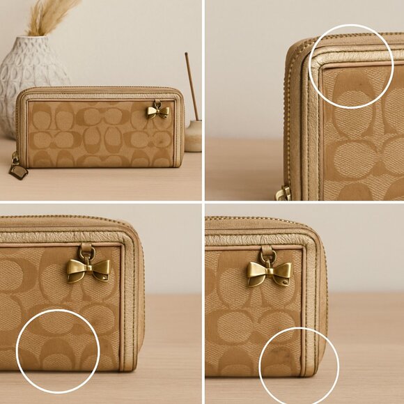 Coach Signature Zip-Around Wallet w/ Bow Charm – Khaki Gold – Very Used - Picture 2 of 2